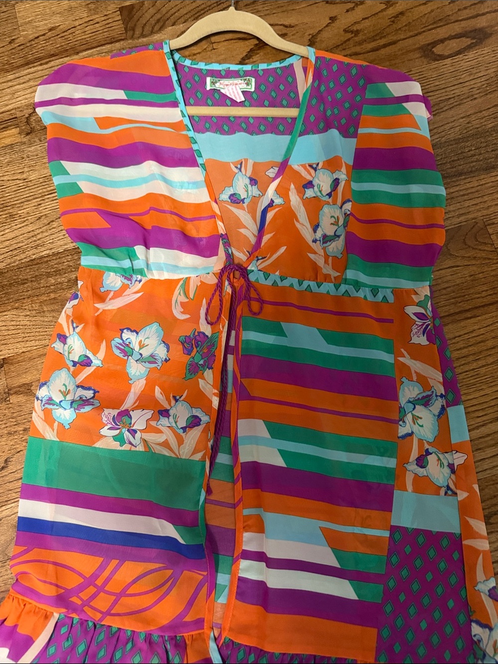 Flying Tomato Orange, Purple & Teal Floral Stripe Swim Coverup